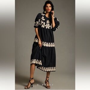 By Anthropologie embroidered puff-sleeve midi dress